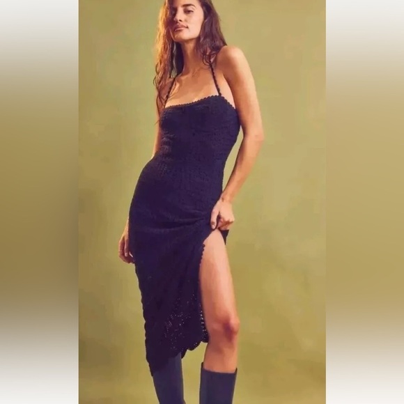 Free People Dresses & Skirts - Free People Dahlia Midi Dress Crochet Halter Slit Bodycon Size Small NWT